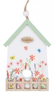 Visiaci drevený domček s kvetinami 12cm