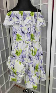 Dievčenské letné šaty biele s fialovými kvetmi a kabelkou Veľkosť: 110/116