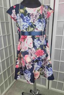 Dievčenské letné šaty tmavomodré kvetované s kabelkou Veľkosť: 146/152