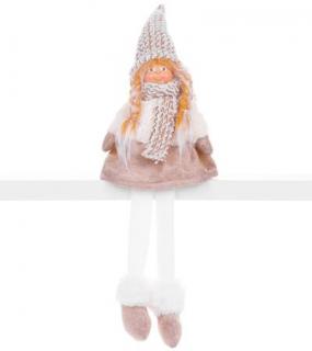 Postavička MagicHome Vianoce, Dievčatko s vysokým klobúkom, látkové, hnedo-biele, sediace, 17x12x54 cm