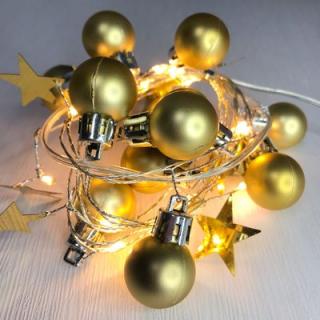 Reťaz MagicHome Vianoce Ball, 20x LED teplá biela, s guľami a hviezdami, zlatá, 2xAA, jednoduché svietenie, osvetlenie, L-1,9 m