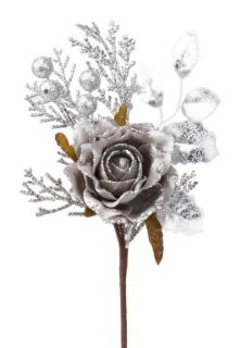 Vetvička MagicHome Vianoce, s ružou, sivá, 26 cm (8090750)