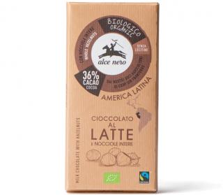 Alce Nero BIO Mliečna čokoláda 36% s lieskovými orieškami, Fairtrade, Bezlepková, 100 g