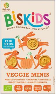 Biskids BIO Detské celozrnné mini sušienky s mrkvou a tekvicou, bez pridaného cukru, 36M+, 120 g