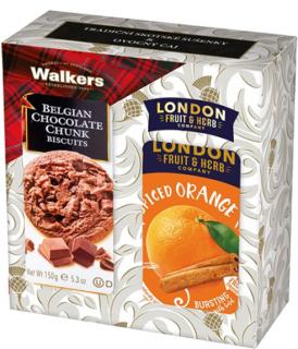 Darčeková sada - Walkers Sušienky Čokoládové s kúskami belgickej čokolády + London F&H Čaj Pomaranč so škoricou