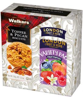 Darčeková sada - Walkers Sušienky Karamelové s pekanovými orechmi + London F&H Variácie ovocných čajov
