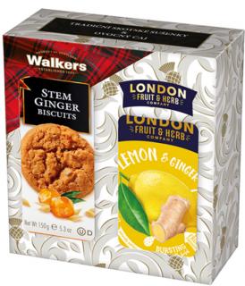 Darčeková sada - Walkers Sušienky Zázvorové + London F&H Čaj Zázvor s citrónom