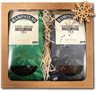 Darčekový balíček Hampstead BIO Zelený sypaný čaj a BIO Čierny sypaný čaj Darjeeling, 2 x 100 g