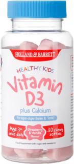 Holland & Barrett Healthy Kids Vitamin D3 + Vápnik pre deti, 200 IU, 30 žuvacích bonbónov.