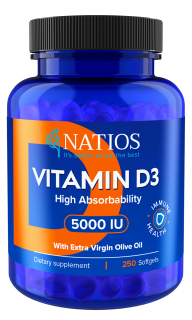 NATIOS Vitamín D3, Vysoko vstrebateľný, 5000 IU, 250 softgel kapsúl (s olivovým olejom)
