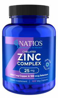 NATIOS Zinc Chelated Complex, Zinok, selén a meď, 25 mg, 100 vegánskych kapsúl