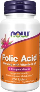 NOW FOODS Folic Acid, Kyselina listová s Vitamínom B-12, 800 ug, 250 tabliet