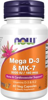 NOW FOODS Mega Vitamin D3 + K2 (MK-7), 5000 IU / 180 mcg, 60 veg kapsúl