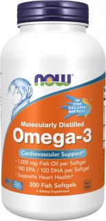 NOW FOODS Omega 3, Molekulárne destilovaná, 1000 mg, 200 rybích softgel kapsúl