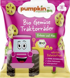 Pumpkin Organics BIO Fúkané zeleninové traktorové kolieska - Hrášok a kukurica, 12. mesiac, 20 g