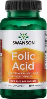 Swanson Folic Acid, Kyselina listová, 800 ug, 250 kapsúl