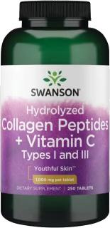 Swanson Hydrolyzed Collagen Peptides + Vitamin C, Kolagén typu I a III, 1000 mg, 250 tabliet