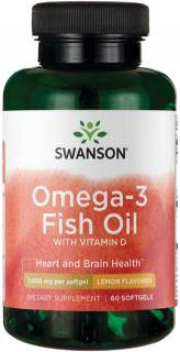 Swanson Omega 3 Fish Oil + Vitamin D3, 1000 IU, 60 softgel kapsúl