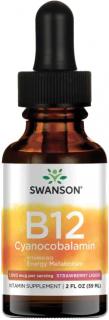 Swanson Tekutý Vitamín B12, Cyanocobalamin, Jahodová príchuť, 1000 ug, 59 ml