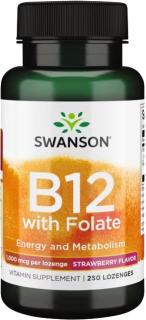 Swanson Vitamin B12 with Folate, 1000 µg, 250 pastiliek s jahodovou príchuťou