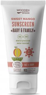 Wooden Spoon Opaľovacie telové mlieko Mango Baby & Family SPF 50 - neviditeľný zinok - Tuba, 150 ml