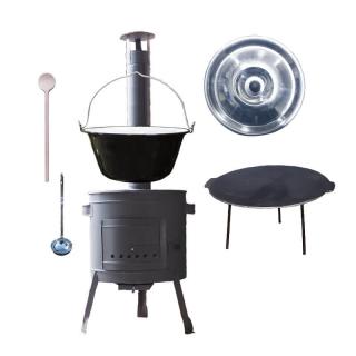 Green home kotlík na guláš smalt 1,2 mm 22 l, Green home panvica liatinová na grilovanie 45 cm, Green home nízka žiaruvzdorná kotlina 42 cm PLUS 600, pokrievka nerez INOX, vareška 50 cm SMREK, naberačka nerez INOX