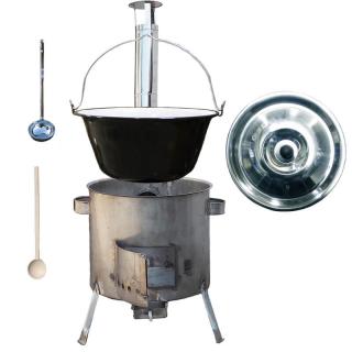 Green Home kotlík na guláš smalt 1,2 mm 30 l, Green Home pokrievka nerez INOX, STRONG CLASSIC nerezová hrubostenná kotlina 1,5 mm 45 cm, naberačka nerez INOX, vareška 50 cm SMREK