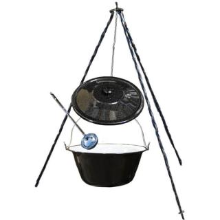 Green Home kotlík na guláš smalt 25 l, Green Home trojnožka 1,25 m na kotlík, Green Home pokrievka smalt 49 cm, Green Home naberačka nerez INOX