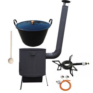 Green Home kotol na guláš a zabíjačku smalt 60 L (1,2 mm), Green Home žiaruvzdorná kotlina 53 cm PLUS 600 + rošt 4 mm, pokrievka 57 cm SMALT, plynový varič 7,5 kW HU, vareška 60 cm SMREK