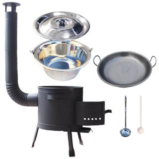 Perfect Home kotlík na guláš nerez 1,2 mm 20 l INOX, Perfect Home pokrievka nerez INOX, Perfect Home panvica hlboká WOK 46 cm, Perfect Home žiaruvzdorná kotlina 42 cm PLUS 600, naberačka antikor INOX, vareška 50 cm SMREK