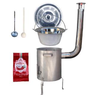 Perfect Home kotlík na guláš nerez 1,2 mm 20 l, pokrievka nerez 47 cm INOX, Perfect Home kotlina nerez 1,5 mm 42 cm STRONG EXCLUSIVE, vareška 50 cm SMREK, naberačka antikor INOX, paprika GURMÁN 50 g