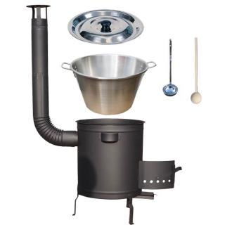 Perfect Home kotlík na guláš nerez 1,2 mm 40 l, pokrievka nerez 48 cm INOX, Perfect Home vysoká žiaruvzdorná, hrubostenná kotlina 1,5 mm 45 cm PLUS 600, vareška 50 cm SMREK, naberačka antikor INOX