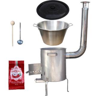 Perfect Home kotol na guláš nerez 1,2 mm 40 l, pokrievka nerez 50 cm INOX, Perfect Home kotlina nerez 1,5 mm 45 cm STRONG EXCLUSIVE, vareška 50 cm SMREK, naberačka antikor INOX, paprika GURMÁN 50 g