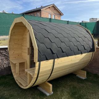 Fínska sudová sauna 240 Vyberte kachle: Elektrické kachle vr. lávových kameňov, Typ sauny: Saunovací priestor s teráskou