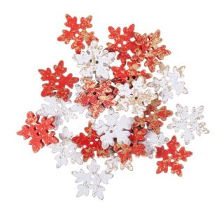 Drevené gombíky 2.5 cm Snehové vločky 24 ks | červená a biela (drevené vianočné dekorácie)
