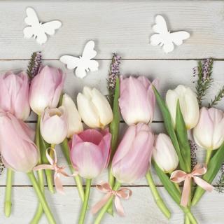 Servítky na dekupáž White &amp; Pink Tulips on Wood - 1 ks