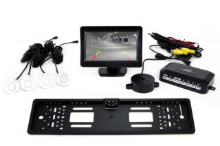 Parkovací asistent TFT01 4,3” s kamerou CAM-402 LED v podložke pod ŠPZ, 4-senzorové, biele