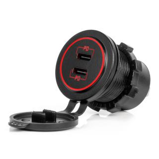 Vodotesná nabíjačka s ČERVENÝM LED podsvietením 2xUSB C 12/24V AMiO-04223