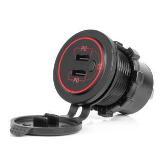Vodotesná nabíjačka s vypínačom ČERVENÉ LED podsvietenie 2xUSB C 12/24V AMiO-04224