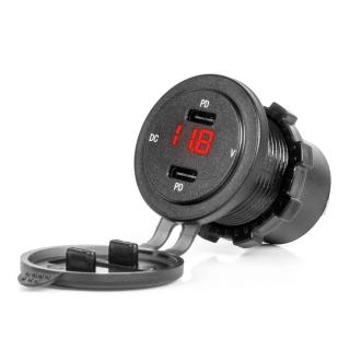 Vodotesná nabíjačka so spínačom, digitálnym voltometrom ČERVENÝ LED indikátor USB + USB C QC3.0 12/24V AMiO-04225