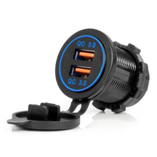 Vodotesná nabíjačka na telefón s MODRÝM LED podsvietením 2xUSB QC3.0 12/24V AMIO-04218