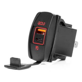 Vodotesná nabíjačka na telefón v tvare lode s ČERVENÝM LED podsvietením USB + USB C QC3.0 12/24V AMiO-04229