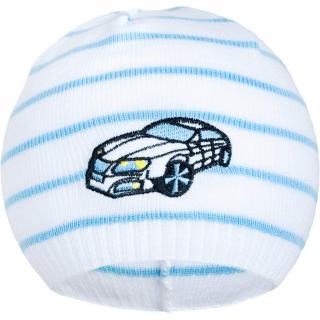 NEW BABY Jarná čiapočka s autíčkom bielo-modrá 100% bavlna 104 (3-4r)