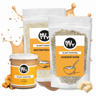 NUTTY NUTTY sada: Slaný karamel 300 g + Instantní rýžová kaše Slaný karamel 300 g + Ovesná kaše Slaný karamel 370 g