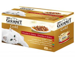 Konzervy GOURMET GOLD - hovädzie / morka a kačica / kura a pečeň / losos a kura 4x85g