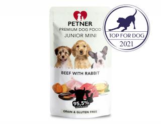 PETNER MINI konzerva pre psov Junior hovädzina a králik 150g - 95,5% mäsa a vývaru prémiové krmivo pre šteňatá