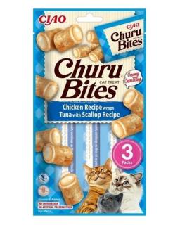 Pamlsok Inaba Churu Bites cat Kura s tuniakom a hrebenatkou 12 x 3 tuby 360 g