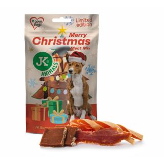 Vianočný mäsový Mix, kuracie mäso, kačacie mäso, mäso z lososa s kúskami kože a kuracie prúžky s treskou, 80 g