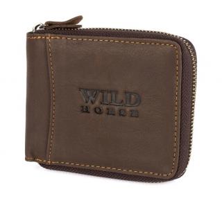 Pánska kožená horizontálna peňaženka Wild Horse RFiD na zips, tmavo hnedá