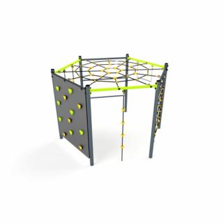 Kovová preliezačka Hexagonal s pavúčiou sieťou a lezeckou stenou